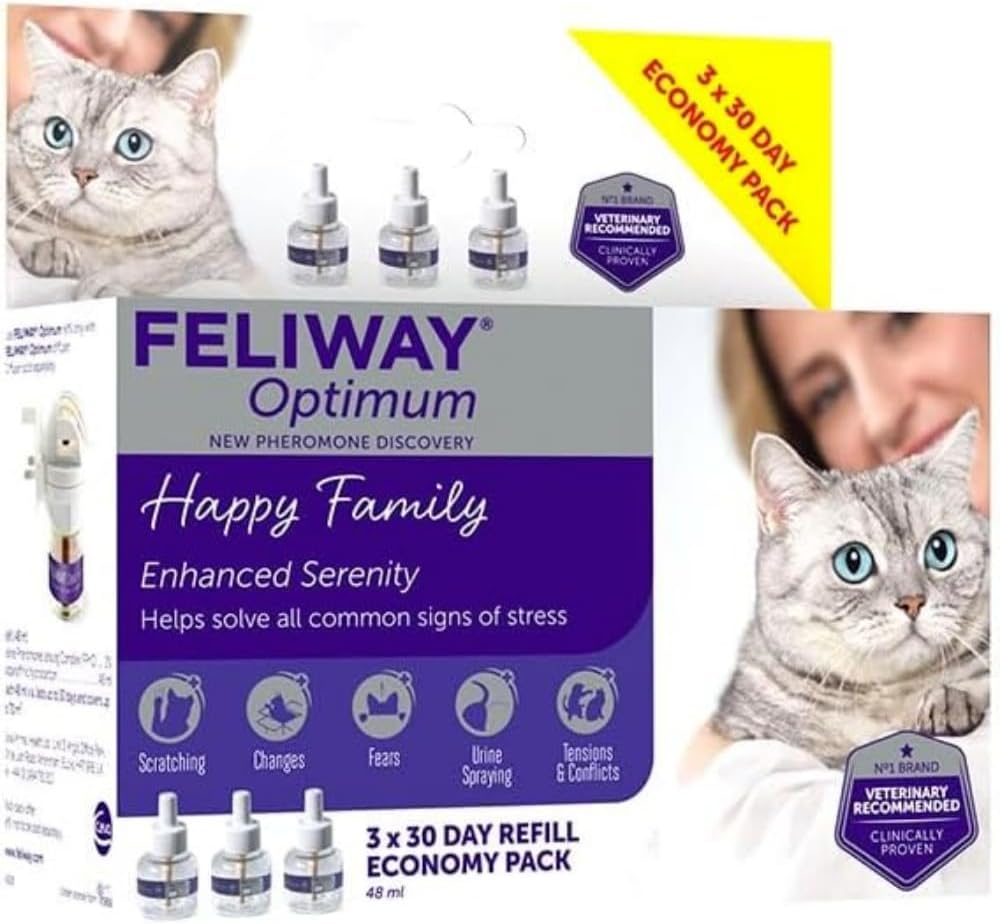 FELIWAY Optimum 3x30 Day Cat Calming Odourless Refills for Pheromone Diffuser, 3x48ml Value Pack