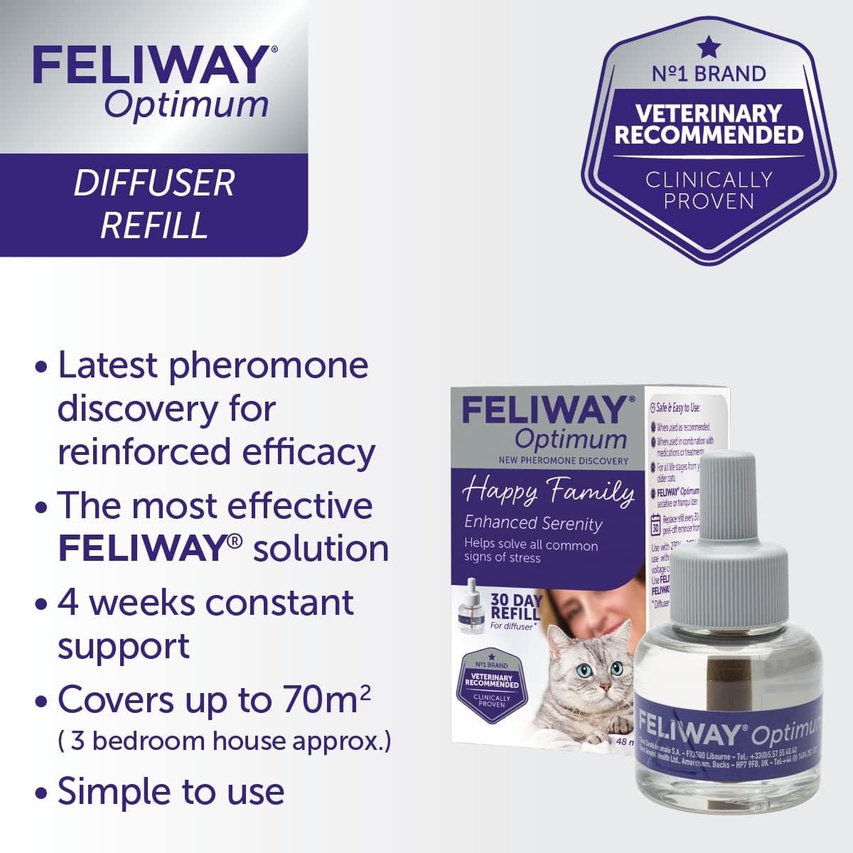 FELIWAY Optimum 3x30 Day Cat Calming Odourless Refills for Pheromone Diffuser, 3x48ml Value Pack